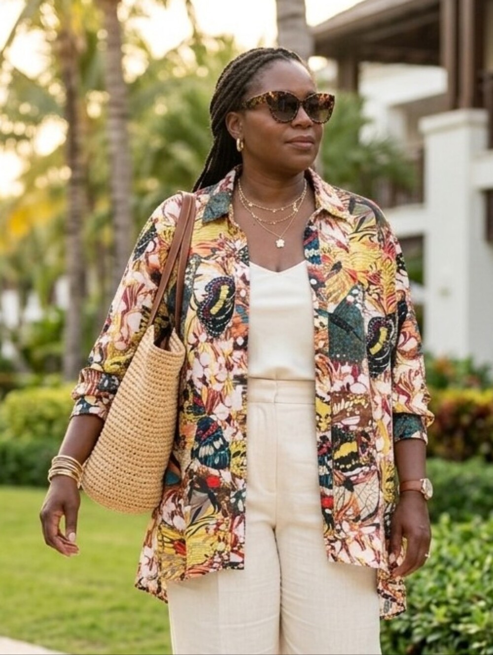 NWOT For Cynthia 3X Botanical Floral Butterfly Linen Tunic Lagenlook Resortwear